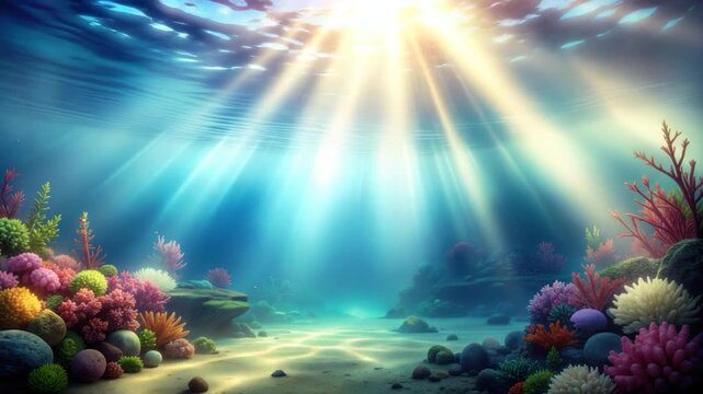 Sunlight streams through ocean water, illuminating coral reef and sand