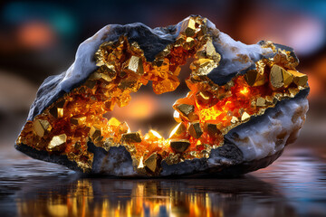 Pyrite dans une roche de quartz avec reflets