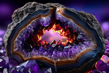 Demi-g&eacute;ode d'am&eacute;thyste polie : cristaux violets intenses et cerclage d'agate translucide