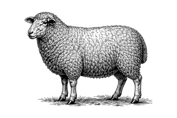 Fototapeta premium Detailed black and white engraving of a woolly sheep on grass