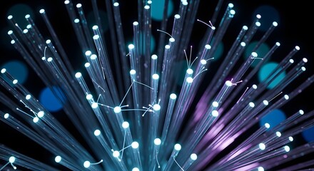 Fototapeta premium Close-up of illuminated fiber optic cables with glowing blue and purple ends