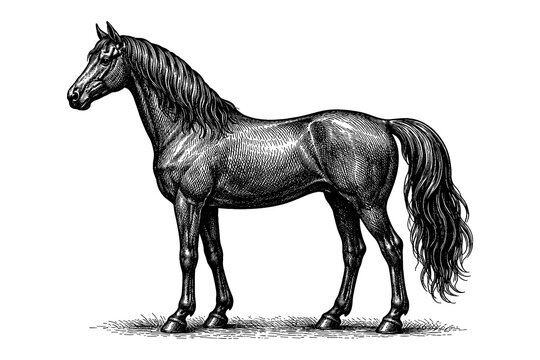 Elegant detailed engraving of a standing horse in vintage style