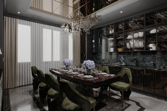3d render luxury dining room kitchen space
