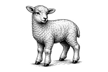 Fototapeta premium Detailed engraving of a standing lamb with textured wool
