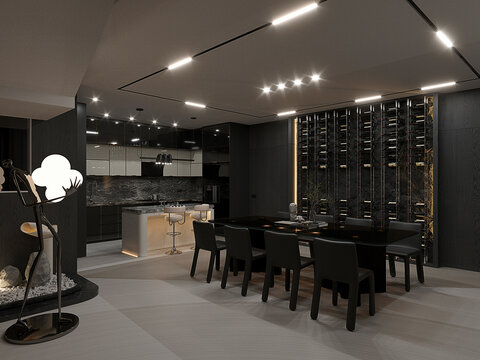 3d render luxury dining room kitchen space