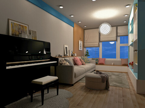 modern living room interior, piano keyboqrd 3d render