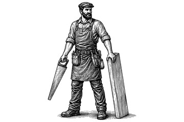 Fototapeta premium Vintage craftsman in apron holding saw and wood