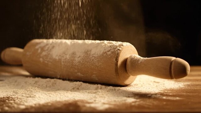 Wooden rolling pin covered in flour on a wooden surface, with flour falling down