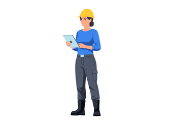 Female Engineer In Yellow Hard Hat Uses Digital Tablet for Project Management and Site Inspection Planning Professionally