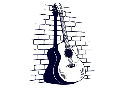 Acoustic Guitar Leaning Against a Brick Wall Vector Sketch. Monochrome Line Art Drawing of Musical Instrument and Urban Background.