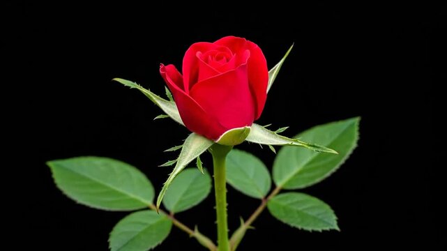 Close-up of a red rose bud with green leaves against a black background