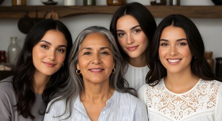 Obraz premium Four generations of a happy hispanic family smiling together in a kitchen setting with a wooden shelf