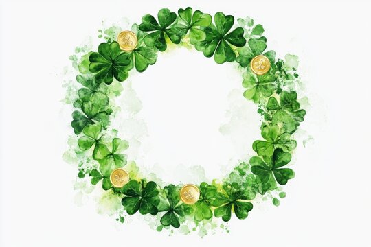 Circular border of green clover leaves with gold coins