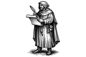 Obraz premium Medieval scribe in traditional cloak holding quill and scroll in detailed engraving style