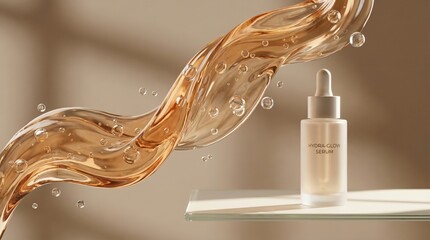 Skincare Serum Product Showcase - Product shot of a skincare serum with hydrating properties, liquid texture, and a neutral background