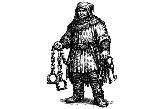 Medieval jailer holding chains and keys in detailed black and white sketch