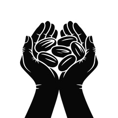 Obraz premium Hands gently cupping a collection of dark organic coffee beans