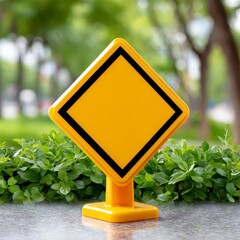 Blank Yellow Diamond Shape Warning Sign With Black Border On Post With Green Bushes Background
