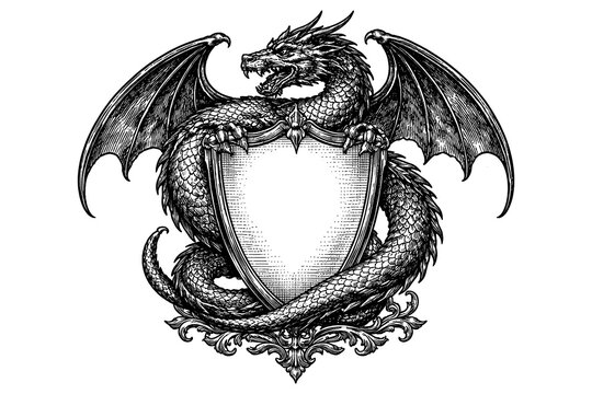Intricate dragon embracing blank shield: detailed tattoo art