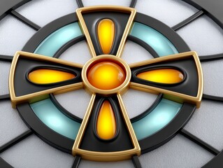 Intricate Celtic Cross Design with Golden Accents and Blue Glass Panes Detailed Close Up
