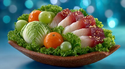 Fresh Sashimi Platter With Grapes Oranges And Lettuce In A Textured Bowl