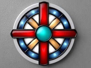 Circular Emblem With Red Cross And Blue Lights On Textured Wall