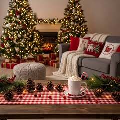 Obraz premium Cozy Christmas Living Room with Decorated Trees and Hot Chocolate.