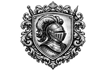Intricate heraldic knight emblem with ornate shield and helm design
