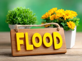 Wooden Sign With Yellow Flood Text Among Yellow Flowers And Green Plants