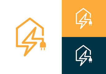 A modern home electrical vector logo design featuring a house and electrical symbols. An abstract design featuring a house with an electric lightning bolt and an electrical plug, a graphic vector 