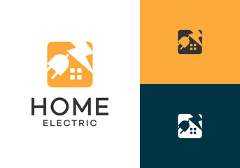 A modern home electrical vector logo design featuring a house and electrical symbols. An abstract design featuring a house with an electric lightning bolt and an electrical plug, a graphic vector