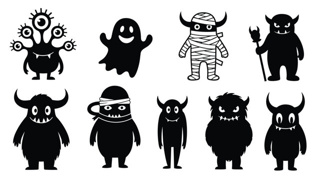 Set of black and white cartoon monster silhouettes includes various spooky creatures like a ghost, a mummy, and horned monsters for Halloween.