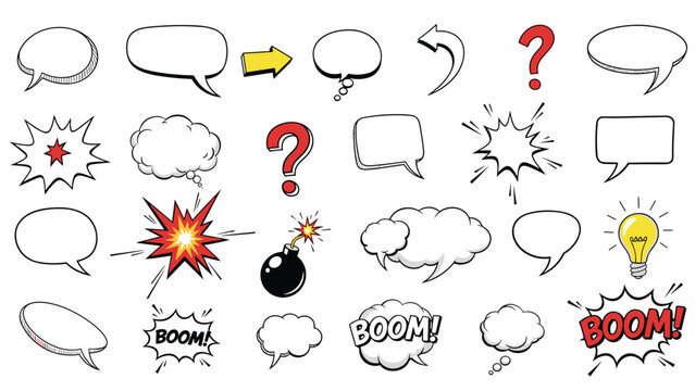 Comprehensive collection of comic book elements includes speech bubbles, thought clouds, explosions, and exclamation marks for dynamic art.