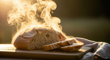 Warm Artisan Bread Loaf on Wooden Cutting Board with Steamy Aroma at Sunset Glow
