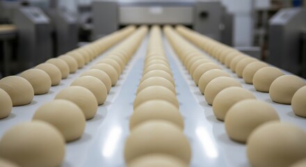 Production line of dough balls in a food manufacturing facility focusing on industrial processes