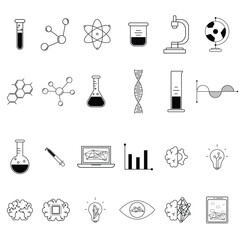Science and Artificial Intelligence Line Icon Set. Vector illustrations of laboratory equipment, molecular structures, DNA, and AI neural networks. Concept of biotechnology, digital education, and fut