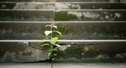 Green Plant Emerging from Cracks in Weathered Stone Steps Surrounded by Nature