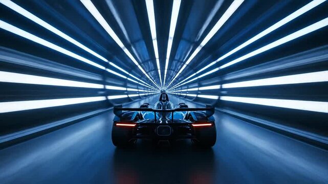 A sleek race car speeding down a futuristic speedway tunnel with vibrant lights