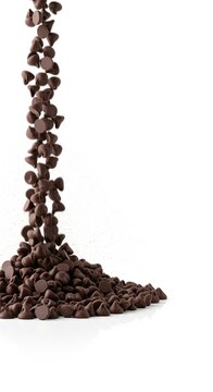 Chocolate Chips Falling in a Delicious Pile on a White Background for Baking and Cooking