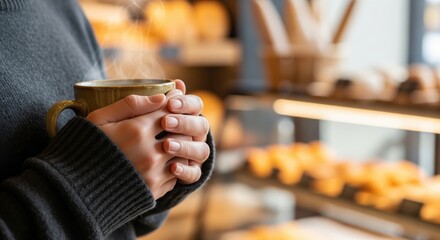 Warm Cup of Coffee Held by Hands in Cozy Bakery Setting with Fresh Pastries and Sweets