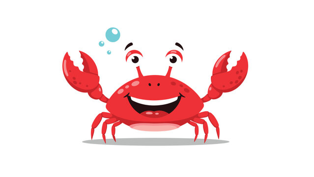 Friendly red cartoon crab with big claws and a wide smile is blowing bubbles underwater in a playful illustration for children.