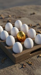 Golden Egg Among White Eggs in Wooden Tray on Rustic Surface