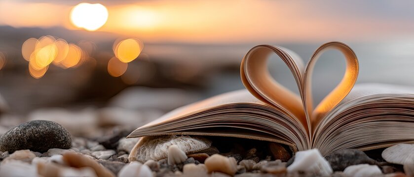 Close-up of book with heart-shaped pages on beach during sunset with soft waves and pebbles around