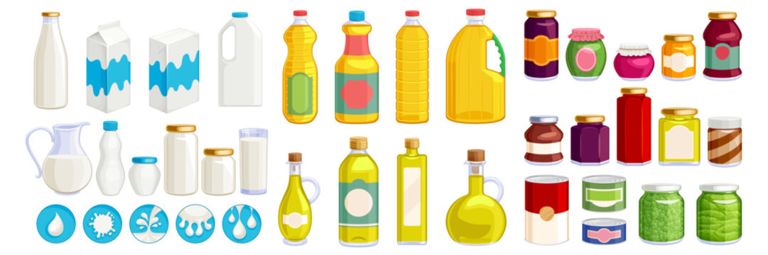 Big set of grocery items &mdash; milk, dairy, oils, canned goods. Food vector illustration