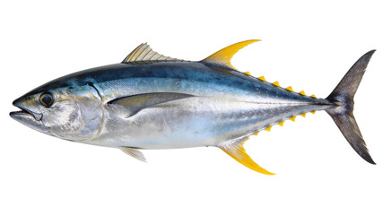 Obraz premium Fresh tuna fish, metallic silver and blue skin with yellow fin accents, isolated on transparent background