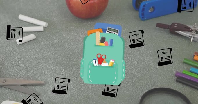 Animation of backpack and school icons falling over grey background