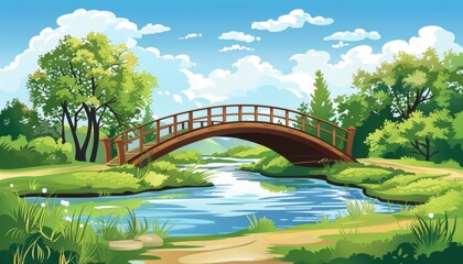 Fototapeta premium Beautiful countryside landscape featuring a wooden bridge over a serene river surrounded by lush greenery and vibrant blue skies