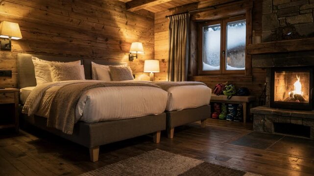 Warm wooden cabin bedroom interior with twin beds, soft lighting, and a burning fireplace. Snowy window view creates a cozy winter holiday atmosphere.