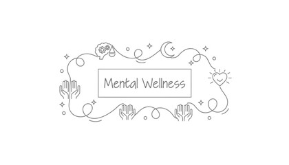 Mental wellness label with floral and celestial vector illustration, for banner or poster