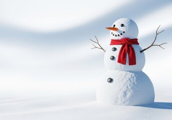 Fototapeta premium A large, festive three-ball snowman stands proudly in a white, fresh winter landscape, accessorized with a red scarf and branch arms, cold, fresh, snow